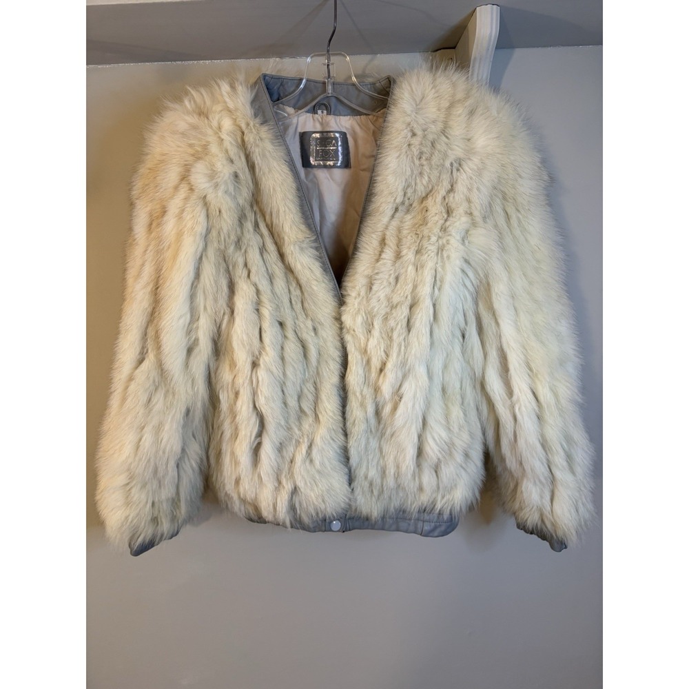 SAGA FOX White Fur Jacket Gray Leather Trim S